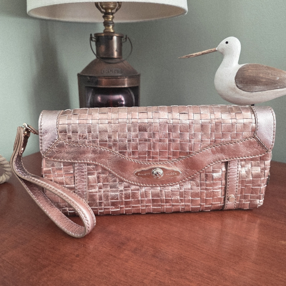 Elliott Lucca Woven Leather Wristlet Clutch Rose Gold Metallic Foldover Bag